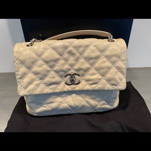 CHANEL CALFSKIN “LOVE ME TENDER FLAP BAG” LIGHT BEIGE “NEW w/BOX/BAG” 100%